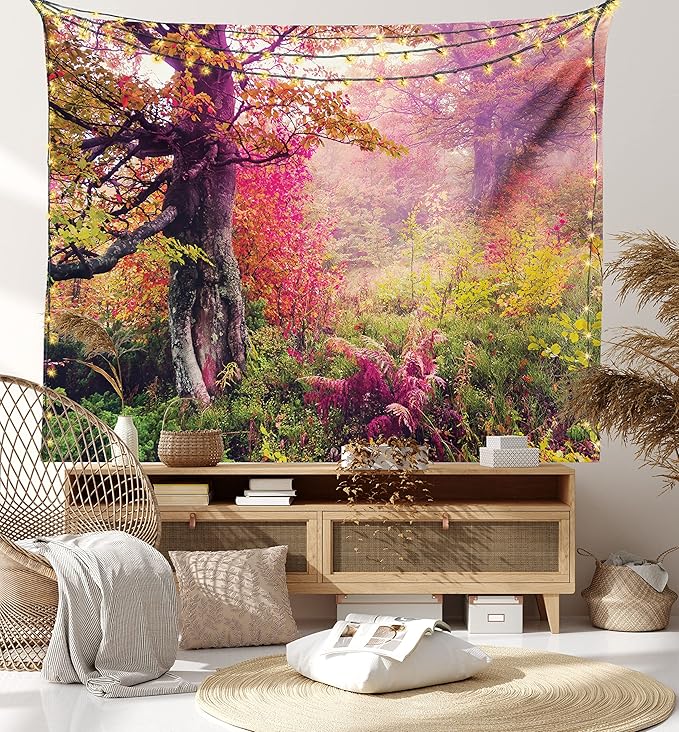 Ambesonne Forest Tapestry King Size, Majestic Landscape Autumn Trees in Woodland Natural Garden in Ukraine, Wall Hanging Bedspread Bed Cover Wall Decor, 104" X 88", Red Green Brown