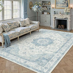 Blue Area Rug 5x7 Washable Vintage Carpet for Living Room Office Soft Retro Low Pile Thin Indoor Rug Non Slip Oriental Medallion Floor Cover for Bedroom Dining Room