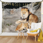 Ambesonne Zoo Tapestry Queen Size, Male and Female Lions Basking in The Sun Wild Cats Habitat King of Jungle, Wall Hanging Bedspread Bed Cover Wall Decor, Queen Size, Pale Brown Grey Yellow