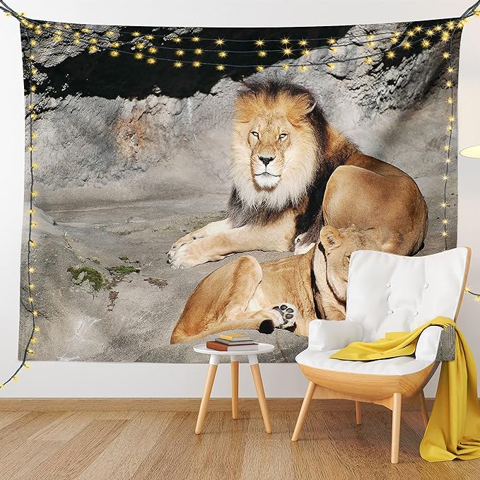 Ambesonne Zoo Tapestry, Male and Female Lions Basking in The Sun Wild Cats Habitat King of Jungle, Fabric Wall Hanging Decor for Bedroom Living Room Dorm, 30" X 45", Pale Brown Grey Yellow