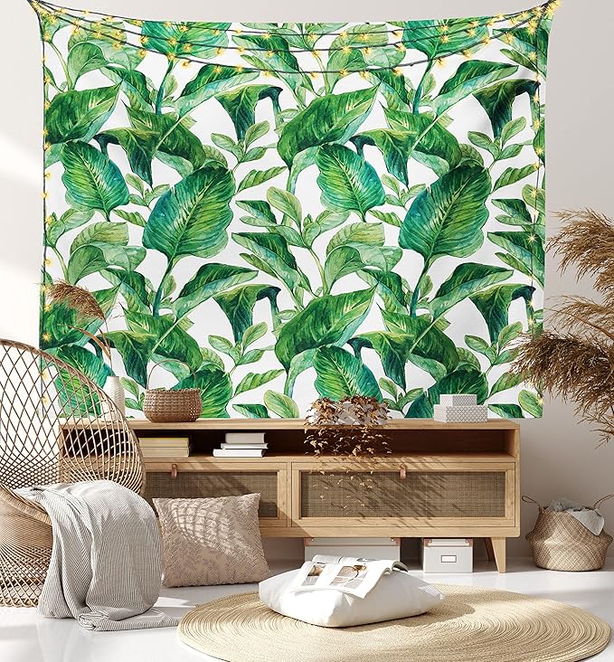 Ambesonne Leaf Tapestry, Romantic Holiday Island Hawaiian Banana Trees Watercolored Image, Fabric Wall Hanging Decor for Bedroom Living Room Dorm, 23" X 28", Forest Green