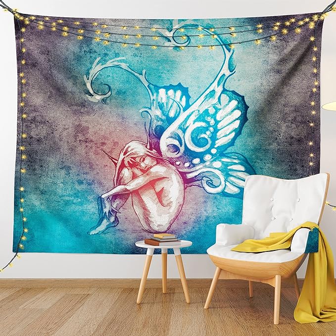 Ambesonne Butterfly Tapestry Twin Size, with Butterfly Wings Renewal Female Rebirth Psyche Lightness of Being, Wall Hanging Bedspread Bed Cover Wall Decor, 68" X 88", Blue Purple