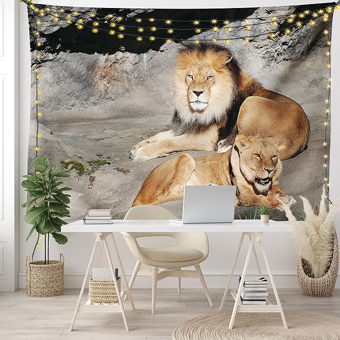 Ambesonne Zoo Tapestry Queen Size, Male and Female Lions Basking in The Sun Wild Cats Habitat King of Jungle, Wall Hanging Bedspread Bed Cover Wall Decor, Queen Size, Pale Brown Grey Yellow