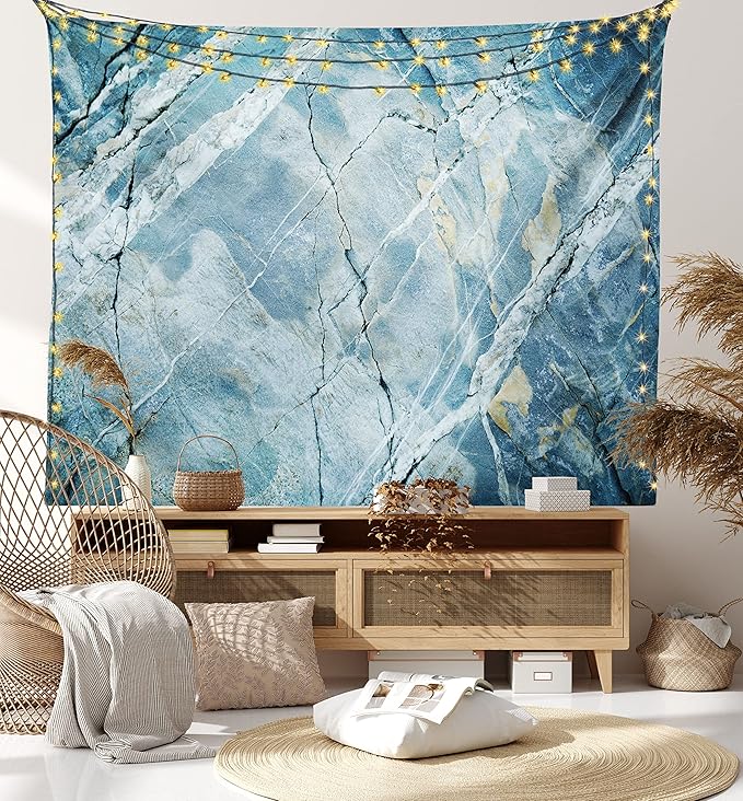 Ambesonne Marble Print Tapestry Queen Size, Exquisite Granite Stone Architecture Floor Nature Faded Rock Picture, Wall Hanging Bedspread Bed Cover Wall Decor, 88" X 88", Pale Blue Grey
