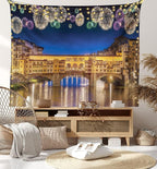 Ambesonne Landscape Tapestry King Size, Night Panoramic View Vecchio Bridge Florence Italy Colorful Fireworks, Wall Hanging Bedspread Bed Cover Wall Decor, 104" X 88", Purple Yellow