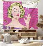 Ambesonne Vintage Tapestry King Size, Pop Art Blonde Woman Making OK Sign on Dotted Background Retro Comic Book Design, Wall Hanging Bedspread Bed Cover Wall Decor, 104" X 88", Pink Blue