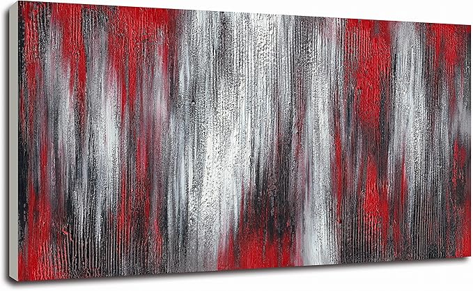 MyArton Textured Red Black White Abstract Canvas Wall Art Hand Painted Modern Decoration Oil Painting Picture Framed Ready to Hang 40x20inch for Living Room Bedroom Office Decor