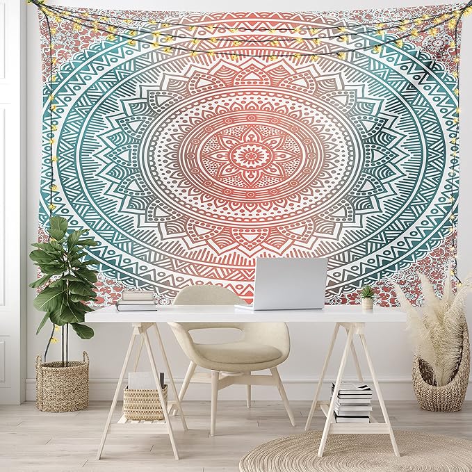 Ambesonne Teal and Coral Tapestry, Ombre Mandala Art Antique Gypsy Folk Pattern Cosmos Image, Fabric Wall Hanging Decor for Bedroom Living Room Dorm, 45" X 30", Teal Coral
