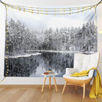Ambesonne Woodland Tapestry, Lake Surrounded by Snow Covered Trees on a Cold Winter Day in Finland Reflections, Fabric Wall Hanging Decor for Bedroom Living Room Dorm, 30" X 45", White Brown