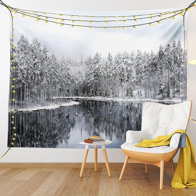 Ambesonne Woodland Tapestry King Size, Lake Surrounded by Snow Covered Trees on a Cold Winter Day in Finland Reflections, Wall Hanging Bedspread Bed Cover Wall Decor, 104" X 88", White Brown