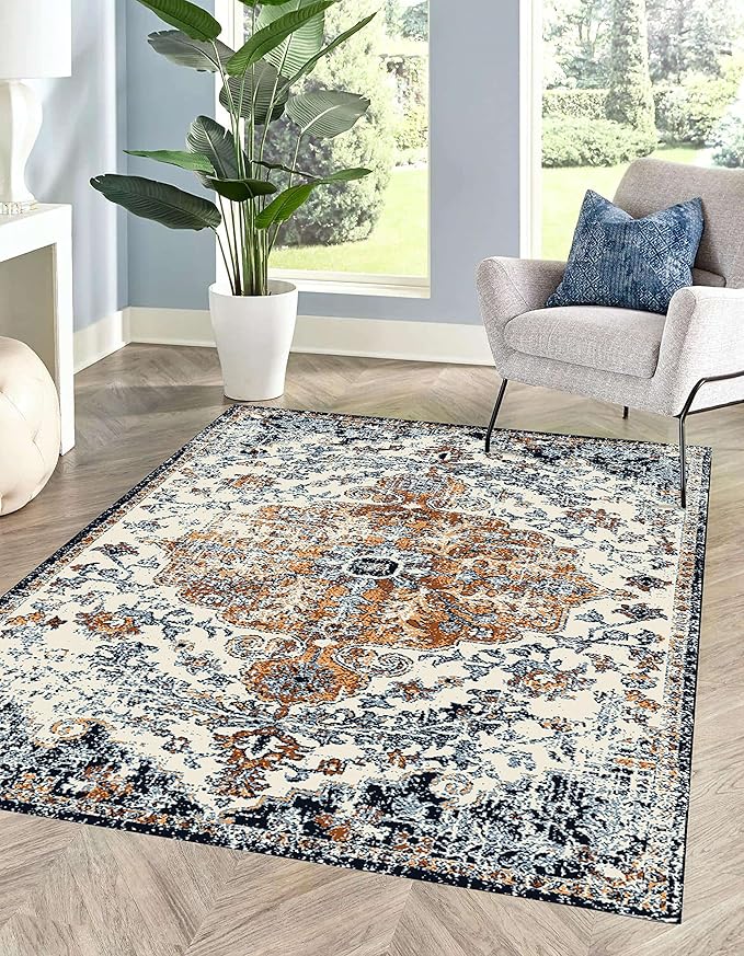 MICRODRY - Area Rug, Low-Profile Design for Sleek, Bulk-Free Look. Machine Washable, Stain-Resistant, Skid-Resistant, Ideal for Bedroom, Living Room, Kitchen, or Entryway, 8x10', Yasmin (Blue/Rust)