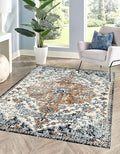 MICRODRY - Area Rug, Low-Profile Design for Sleek, Bulk-Free Look. Machine Washable, Stain-Resistant, Skid-Resistant, Ideal for Bedroom, Living Room, Kitchen, or Entryway, 8x10', Yasmin (Blue/Rust)