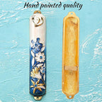 Matashi Hand Painted Blue and Ivory Enamel Flower Mezuzah Embellished with Gold Accents and Crystals Home Door Wall Decor Housewarming Present Gift for Festival(5.5 inch)