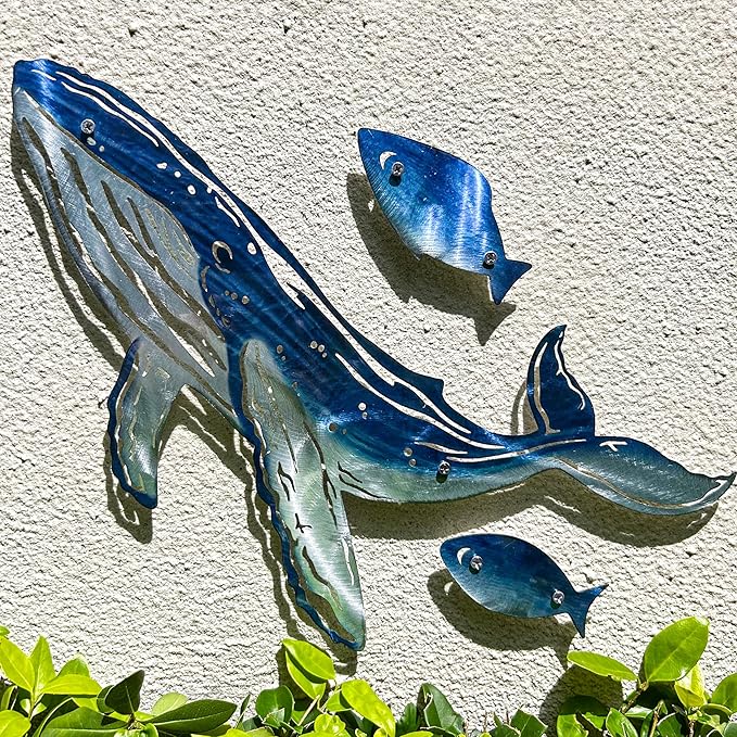 LiveInUrban Coastal Wall Art Whale Metal Wall Sculptures, Ocean Beach Themed Metal Hanging Home Decoration 3PCS 16.2"x12.1"