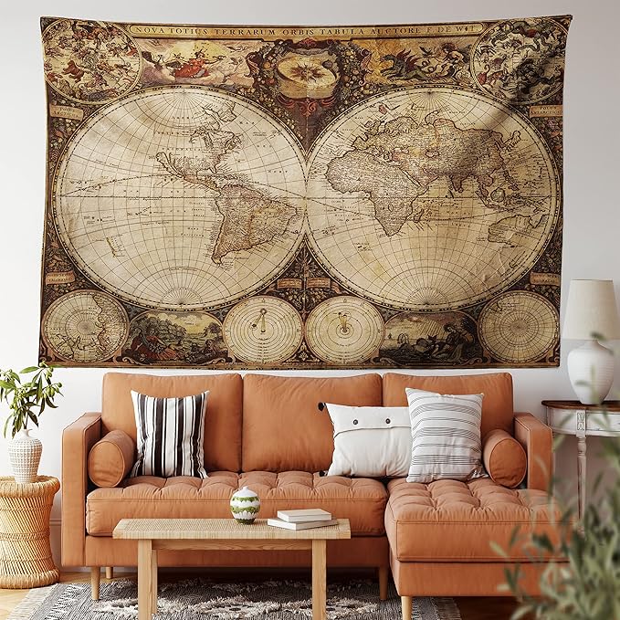 Ambesonne World Map Tapestry King Size, Old World Map Drawn in 1720s Nostalgic Style Art Historical Atlas Vintage Design, Wall Hanging Bedspread Bed Cover Wall Decor, 104" X 88", Multicolor