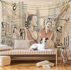 Ambesonne Jazz Music Tapestry Twin Size, Singer Double-Bass Player in a Street of New York Urban Lifestyle Image, Wall Hanging Bedspread Bed Cover Wall Decor, 68" X 88", Brown Beige