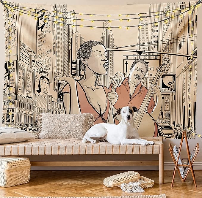 Ambesonne Jazz Music Tapestry Twin Size, Singer Double-Bass Player in a Street of New York Urban Lifestyle Image, Wall Hanging Bedspread Bed Cover Wall Decor, 68" X 88", Brown Beige
