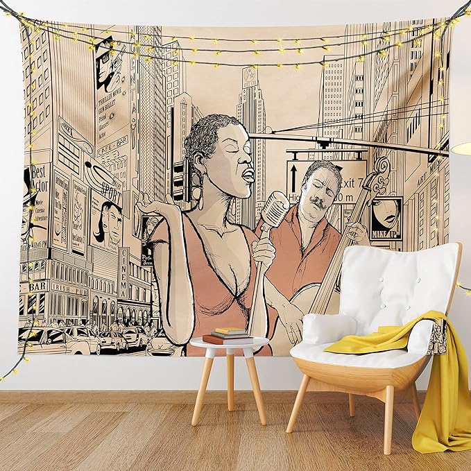 Ambesonne Jazz Music Tapestry Twin Size, Singer Double-Bass Player in a Street of New York Urban Lifestyle Image, Wall Hanging Bedspread Bed Cover Wall Decor, 68" X 88", Brown Beige