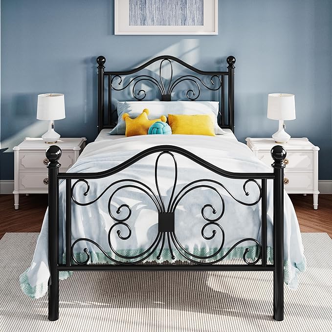 SHA CERLIN Twin Size Bed Frame for Kids,Metal Bed Frame with Butterfly Pattern Design Headboard and Footboard,No Box Spring Needed,Easy Assembly,Black