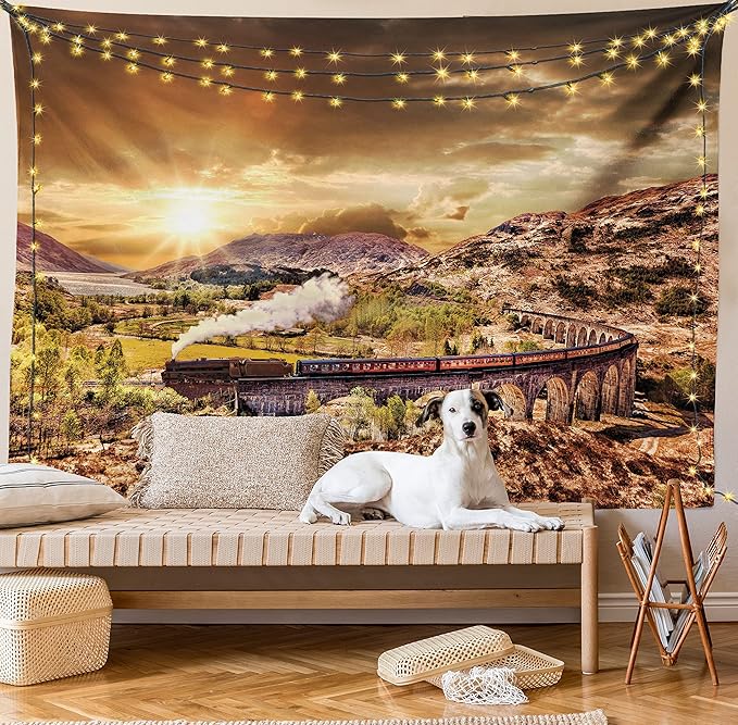 Ambesonne Wizard Tapestry, Wizard Express Famous Train Landscape Glenfinnan Railway Viaduct Scotland Sunset, Wide Wall Hanging for Bedroom Living Room Dorm, 60" X 40", Brown Green