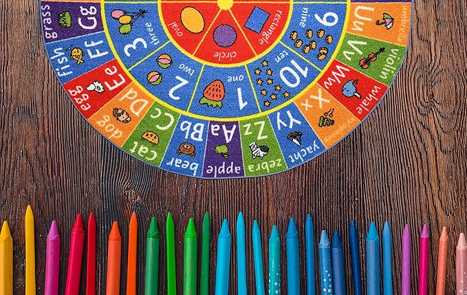 KC Cubs 3x3 ABC Alphabet, Numbers & Shapes Rug – Educational Non-Slip Play Mat Carpet for Kids, Toddlers, Nursery, Classroom, Playroom, Baby Daycare (Round)
