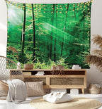 Ambesonne Forest Tapestry, Sun Rays Bursting into the Forest Trees Foliage Misty Morning Serenity Picture, Wide Wall Hanging for Bedroom Living Room Dorm, 80" X 60", White and Green