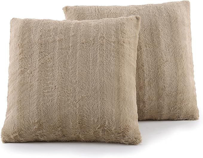 Cheer Collection Faux Fur Throw Pillows - Decorative Pillows for Couch, Bed Throw Pillows, Sand Accent Pillows for Bedroom or Living Room Aesthetic, Set of 2 Furry Throw Pillows, 18”x18”