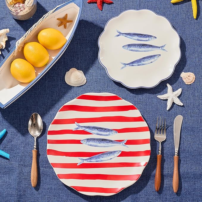 Bico Ocean Wonders Scalloped Salad Plates Set of 4, 8.75 Inch Ceramic Dessert Plates for Salad, Appetizer, Side Dishes, Microwave and Dishwasher Safe, Gift for Housewarming and Christmas
