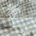 MooMee Gingham Duvet Cover Set 100% Washed Cotton Linen Like Textured Breathable Durable Soft Comfy Modern Checkered Design (Sage Green Gingham, King 104"x90")