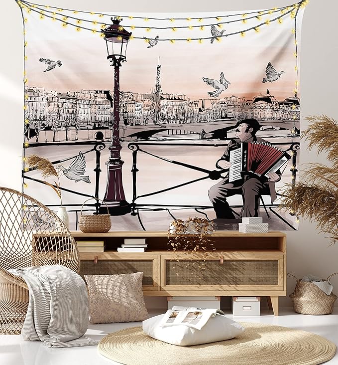 Ambesonne Music Tapestry King Size, Accordionist Playing Paris Street Urban European Famous City Panorama Graphic Scene, Wall Hanging Bedspread Bed Cover Wall Decor, 104" X 88", Peach Brown