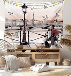 Ambesonne Music Tapestry King Size, Accordionist Playing Paris Street Urban European Famous City Panorama Graphic Scene, Wall Hanging Bedspread Bed Cover Wall Decor, 104" X 88", Peach Brown
