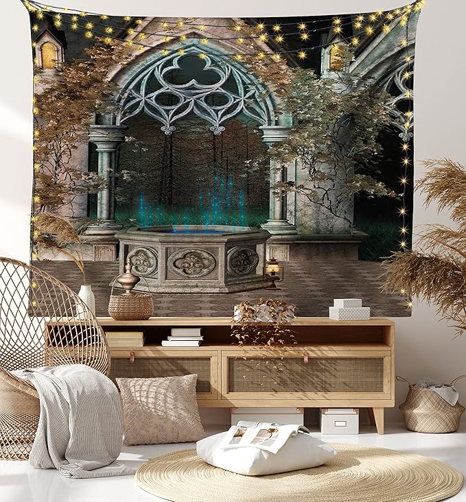 Ambesonne Gothic Tapestry, Patio with Enchanted Wishing Well Ivy on Antique Gateway to Forest, Fabric Wall Hanging Decor for Bedroom Living Room Dorm, 28" X 23", Taupe Green