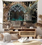 Ambesonne Gothic Tapestry, Patio with Enchanted Wishing Well Ivy on Antique Gateway to Forest, Wide Wall Hanging for Bedroom Living Room Dorm, 80" X 60", Taupe Green