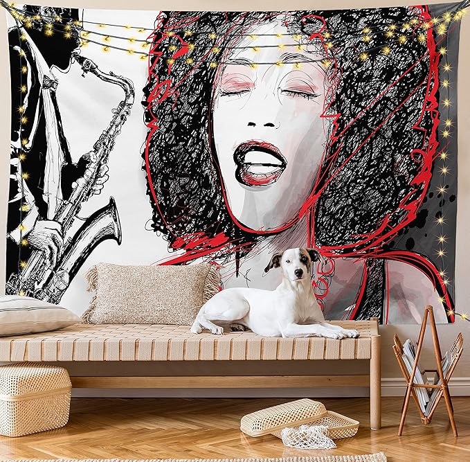 Ambesonne African Tapestry, Afro Lady Singing a Jazz Song with Saxophone Player Silhouette Vintage Design, Fabric Wall Hanging Decor for Bedroom Living Room Dorm, 28" X 23", Black Pale Grey