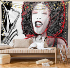 Ambesonne African Tapestry, Afro Lady Singing a Jazz Song with Saxophone Player Silhouette Vintage Design, Fabric Wall Hanging Decor for Bedroom Living Room Dorm, 45" X 30", Black Pale Grey