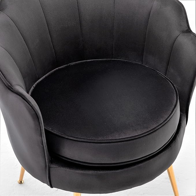 Velvet Barrel Accent Chair with Scalloped Silhouette and Gold Metal Legs, Decorative Piece Suitable for Traditional, Modern, and Contemporary Spaces, Black