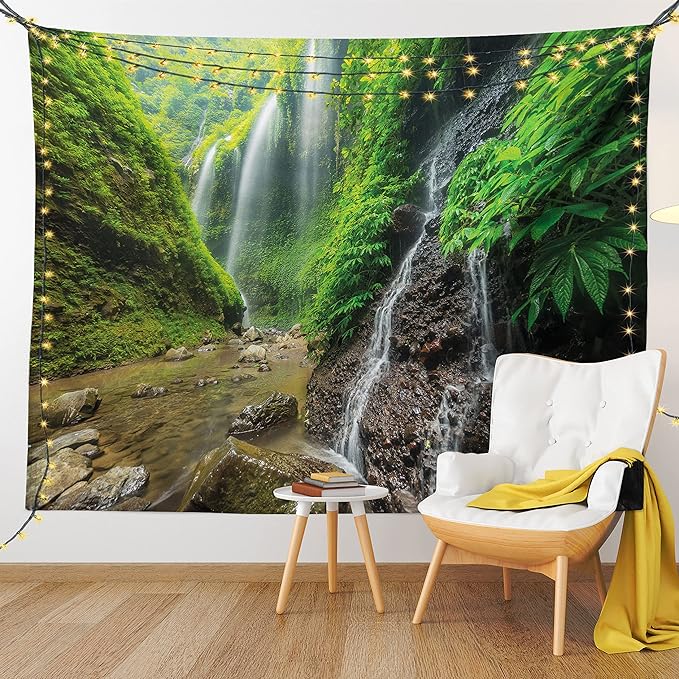 Ambesonne Waterfall Tapestry, Waterfalls Side Valley in Indonesia with Southeast Bushes Above Hills, Fabric Wall Hanging Decor for Bedroom Living Room Dorm, 28" X 23", Brown Green
