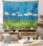 Ambesonne Flower Tapestry, Fresh Springtime Grass and Daisy on Fence Summer Simple Vintage Style Print, Wide Wall Hanging for Bedroom Living Room Dorm, 60" X 40", Blue and Green