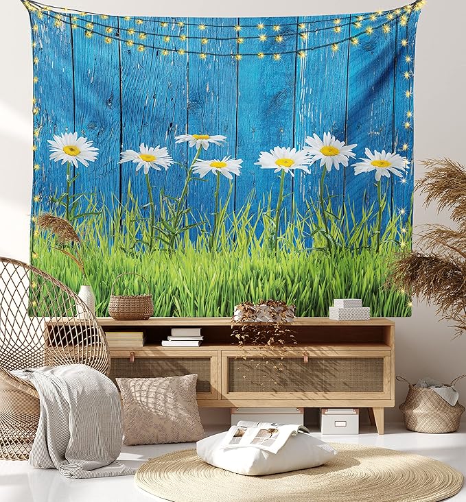 Ambesonne Flower Tapestry King Size, Fresh Springtime Grass and Daisy on Fence Summer Simple Vintage Style Print, Wall Hanging Bedspread Bed Cover Wall Decor, 104" X 88", Blue and Green