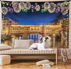 Ambesonne Landscape Tapestry, Night Panoramic View Vecchio Bridge Florence Italy Colorful Fireworks, Fabric Wall Hanging Decor for Bedroom Living Room Dorm, 23" X 28", Purple Yellow