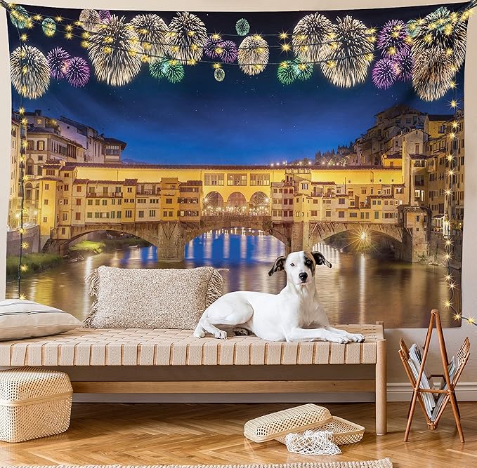 Ambesonne Landscape Tapestry, Night Panoramic View Vecchio Bridge Florence Italy Colorful Fireworks, Fabric Wall Hanging Decor for Bedroom Living Room Dorm, 30" X 45", Purple Yellow