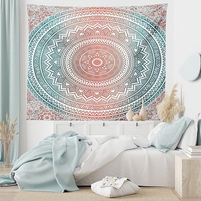 Ambesonne Teal and Coral Tapestry, Ombre Mandala Art Antique Gypsy Folk Pattern Cosmos Image, Fabric Wall Hanging Decor for Bedroom Living Room Dorm, 45" X 30", Teal Coral