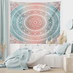 Ambesonne Teal and Coral Tapestry, Ombre Mandala Art Antique Gypsy Folk Pattern Cosmos Image, Fabric Wall Hanging Decor for Bedroom Living Room Dorm, 45" X 30", Teal Coral