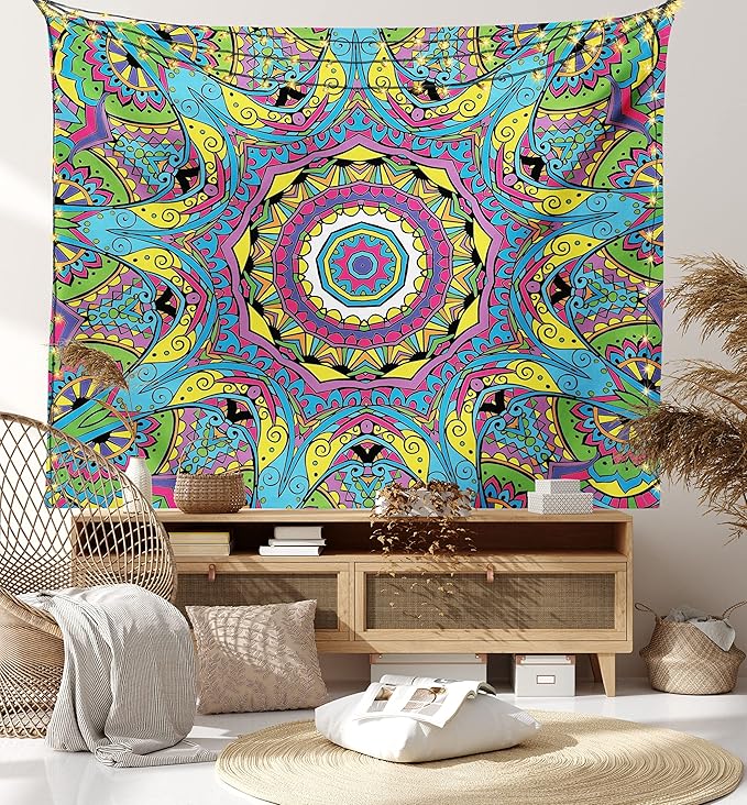 Ambesonne Psychedelic Tapestry, Abstract Unusual with Color and Form Details Hippie Retro, Fabric Wall Hanging Decor for Bedroom Living Room Dorm, 45" X 30", Soft Blue