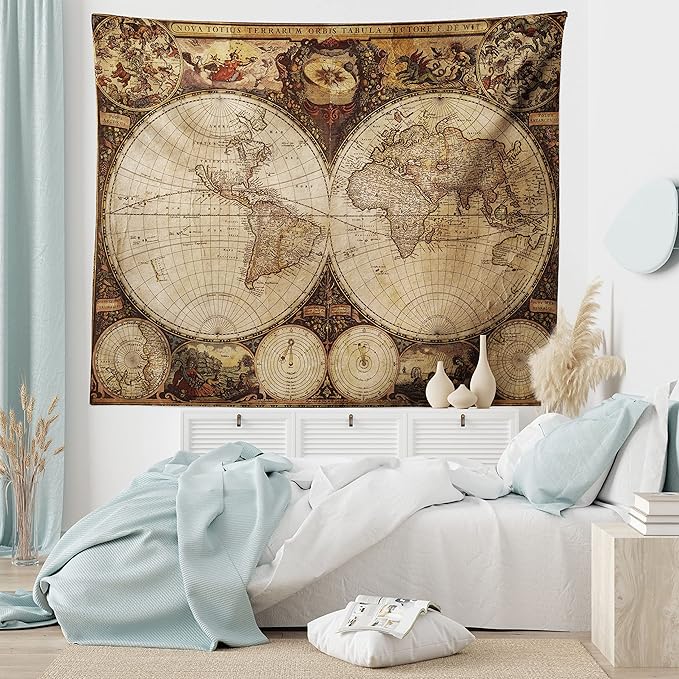 Ambesonne World Map Tapestry, Old World Map Drawn in 1720s Nostalgic Style Art Historical Atlas Vintage Design, Fabric Wall Hanging Decor for Bedroom Living Room Dorm, 45" X 30", Multicolor
