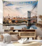 Ambesonne New York Tapestry King Size, Manhattan Bridge and the New York Skyline at Sunset East River Highrise Buildings, Wall Hanging Bedspread Bed Cover Wall Decor, 104" X 88", Camel Blue