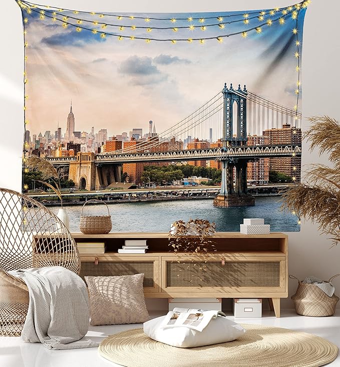 Ambesonne New York Tapestry King Size, Manhattan Bridge and the New York Skyline at Sunset East River Highrise Buildings, Wall Hanging Bedspread Bed Cover Wall Decor, 104" X 88", Camel Blue