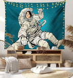 Ambesonne Outer Space Tapestry, Woman Astronaut Hands with Her Better Half Pop Art Style Comic Graphic, Fabric Wall Hanging Decor for Bedroom Living Room Dorm, 28" X 23", Beige Blue