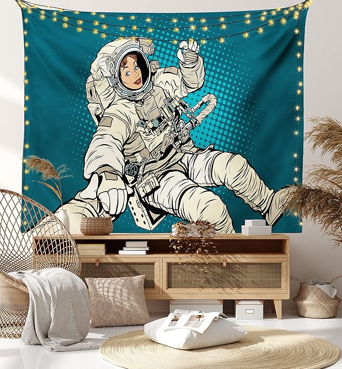 Ambesonne Outer Space Tapestry, Woman Astronaut Hands with Her Better Half Pop Art Style Comic Graphic, Fabric Wall Hanging Decor for Bedroom Living Room Dorm, 28" X 23", Beige Blue