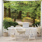 Ambesonne Japanese Tapestry, Wooden Bridge over Pond in Garden Calmness in Shadow of Trees Serenity in Nature, Fabric Wall Hanging Decor for Bedroom Living Room Dorm, 28" X 23", Green Brown